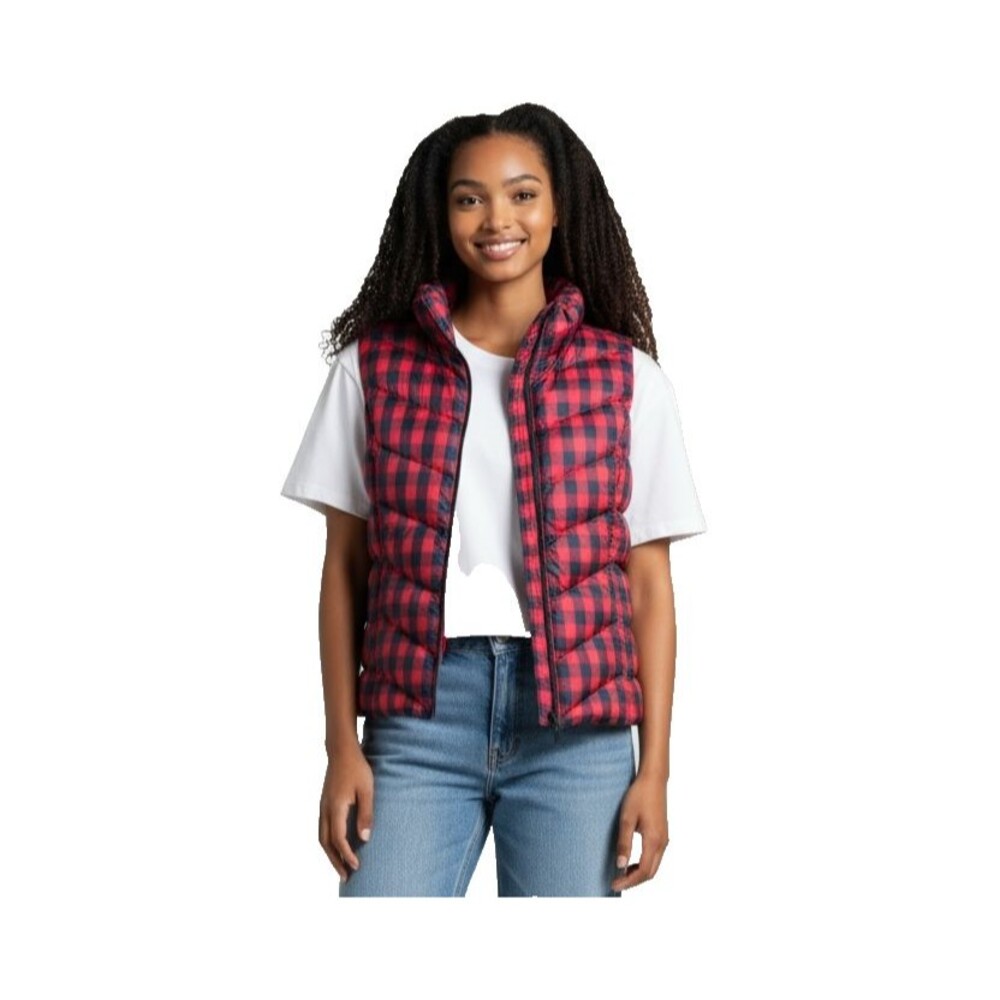 Lands' End Women's Red & Navy Plaid Down Puffer Vest L (14-16) NWOT Full Zip